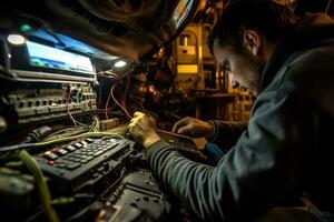 An automobile mechanic as they perform a diagnostic check on a car's engine in a repair service setting. Generative AI photo