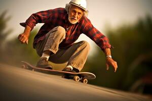 Close - up shot. The dynamic movement of an elderly man skateboarding at an impressive speed. Generative AI photo