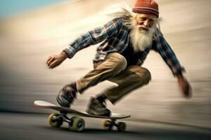 Close - up shot. The dynamic movement of an elderly man skateboarding at an impressive speed. Generative AI photo