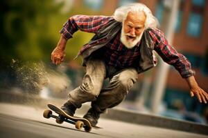 Close - up shot. The dynamic movement of an elderly man skateboarding at an impressive speed. Generative AI photo