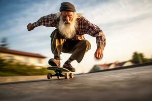 Close - up shot. The dynamic movement of an elderly man skateboarding at an impressive speed. Generative AI photo