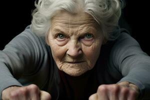 Close - up photograph. An old elderly woman as she engages in a sport exercise routine. Generative AI photo