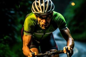 el aguante de un masculino ciclista como él Razas abajo un escénico la carretera. generativo ai foto