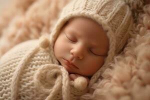 A photograph showing the innocence and purity of a newborn baby in a comfortable, dreamlike setting. Generative AI photo