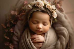 A photograph showing the innocence and purity of a newborn baby in a comfortable, dreamlike setting. Generative AI photo