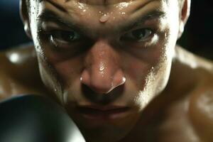 The intensity and concentration of a male boxer as he throws a powerful punch in the boxing ring. Generative AI photo