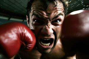 el intensidad y concentración de un masculino Boxer como él lanza un poderoso puñetazo en el boxeo anillo. generativo ai foto