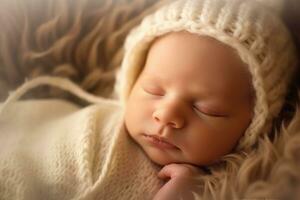 A photograph showing the innocence and purity of a newborn baby in a comfortable, dreamlike setting. Generative AI photo