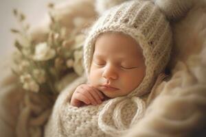 un fotografía demostración el inocencia y pureza de un recién nacido bebé en un cómodo, de ensueño ajuste. generativo ai foto