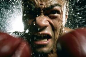 The intensity and concentration of a male boxer as he throws a powerful punch in the boxing ring. Generative AI photo