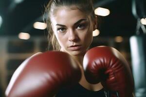 The focus and precision of a female athlete as she practices boxing techniques at the gym. Generative AI photo