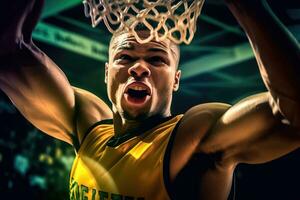 The teamwork and coordination of a male basketball player as he goes for a dunk during a game. Generative AI photo