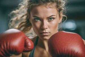 The focus and precision of a female athlete as she practices boxing techniques at the gym. Generative AI photo