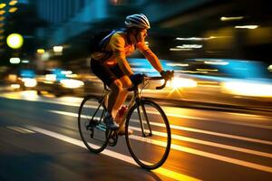 un dinámica Disparo de un ciclista montando mediante un dedicado bicicleta carril. generativo ai foto