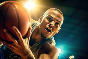 The teamwork and coordination of a male basketball player as he goes for a dunk during a game. Generative AI photo