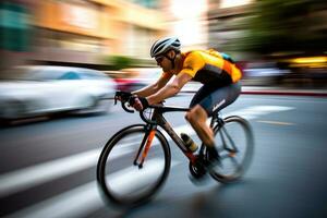 un dinámica Disparo de un ciclista montando mediante un dedicado bicicleta carril. generativo ai foto