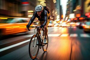 A dynamic shot of a cyclist riding through a dedicated bike lane. Generative AI photo