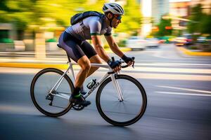 un dinámica Disparo de un ciclista montando mediante un dedicado bicicleta carril. generativo ai foto