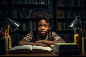 Environmental portrait of a african american boy student sitting at a desk in a classroom, surrounded by books and school supplies. Generative AI photo