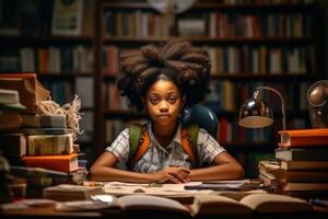 Environmental portrait of a african american girl student sitting at a desk in a classroom, surrounded by books and school supplies. Generative AI photo