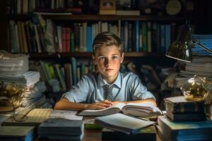Environmental portrait of a caucasian boy student sitting at a desk in a classroom, surrounded by books and school supplies. Generative AI photo