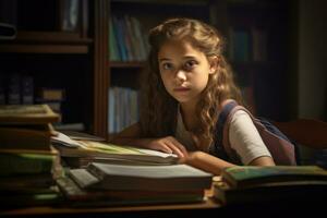 ambiental retrato de un caucásico niña estudiante sentado a un escritorio en un aula, rodeado por libros y colegio suministros. generativo ai foto