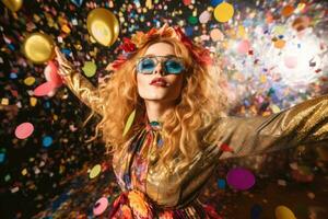 An image of a woman wearing a playful and whimsical New Year's costume, featuring a multi - colored tutu, a sequin top, and oversized party glasses. Generative AI photo