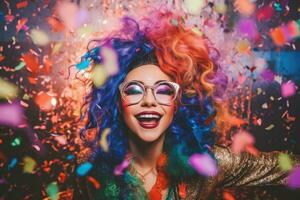 An image of a woman wearing a playful and whimsical New Year's costume, featuring a multi - colored tutu, a sequin top, and oversized party glasses. Generative AI photo