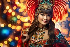 The enchanting beauty of a woman dressed in a lively and colorful New Year's costume against a vibrant backdrop in a studio setting. Generative AI photo