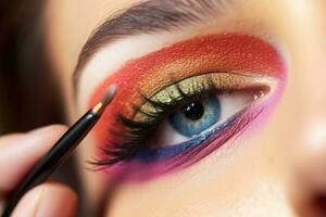 Close - up shot of a makeup artist applying a bold and dramatic winged eyeliner.  Generative AI photo