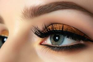 Close - up shot of a makeup artist applying a bold and dramatic winged eyeliner.  Generative AI photo