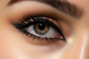 Close - up shot of a makeup artist applying a bold and dramatic winged eyeliner.  Generative AI photo