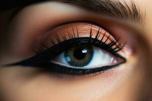 Close - up shot of a makeup artist applying a bold and dramatic winged eyeliner.  Generative AI photo