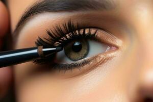 Close - up shot of a makeup artist applying a bold and dramatic winged eyeliner.  Generative AI photo