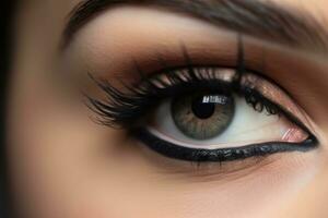 Close - up shot of a makeup artist applying a bold and dramatic winged eyeliner.  Generative AI photo