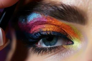 Close - up shot of a makeup artist applying a bold and dramatic winged eyeliner.  Generative AI photo