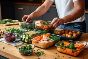 A lifestyle shot of a man enjoying a homemade meal prep with containers filled with nutritious and portioned meals. Generative AI photo