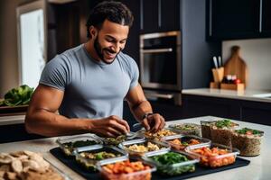A lifestyle shot of a man enjoying a homemade meal prep with containers filled with nutritious and portioned meals. Generative AI photo