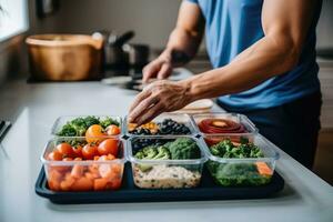 A lifestyle shot of a man enjoying a homemade meal prep with containers filled with nutritious and portioned meals. Generative AI photo