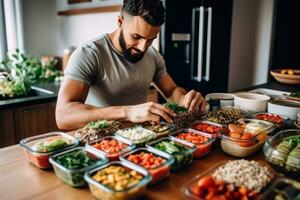 A lifestyle shot of a man enjoying a homemade meal prep with containers filled with nutritious and portioned meals. Generative AI photo