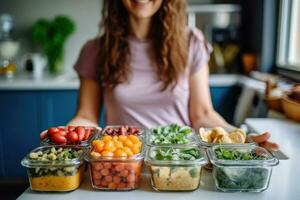 A lifestyle shot of a woman enjoying a homemade meal prep with containers filled with nutritious and portioned meals. Generative AI photo