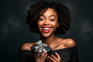 An engaging Black Friday promotion with a captivating photograph of a smiling woman model showcasing a gift box in a studio setting. Generative AI photo