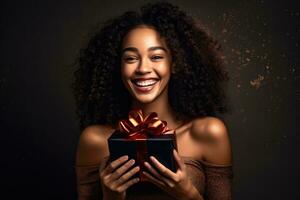 An engaging Black Friday promotion with a captivating photograph of a smiling woman model showcasing a gift box in a studio setting. Generative AI photo