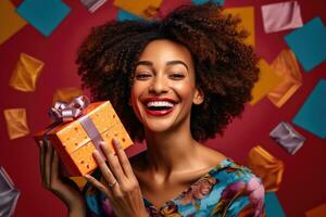 An engaging Black Friday promotion with a captivating photograph of a smiling woman model showcasing a gift box in a studio setting. Generative AI photo