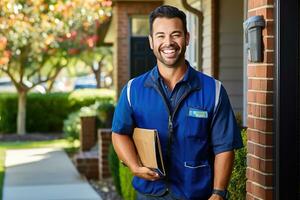 Photo of a courier delivering a package to a residential address. Generative AI