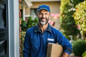 Photo of a courier delivering a package to a residential address. Generative AI