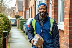 Photo of a courier delivering a package to a residential address. Generative AI