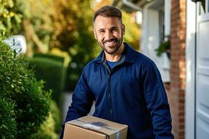 Photo of a courier delivering a package to a residential address. Generative AI