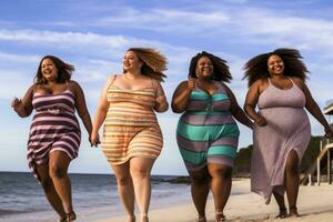 A group photo of diverse plus size women in stylish swimsuits enjoying a day at the beach. Generative AI