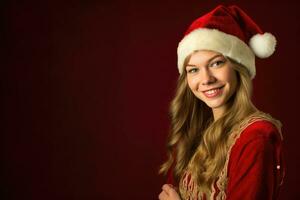 Photo of a beautiful 20 year's old woman wearing a charming santa clause costume against a solid colored background in a studio setting. Generative AI